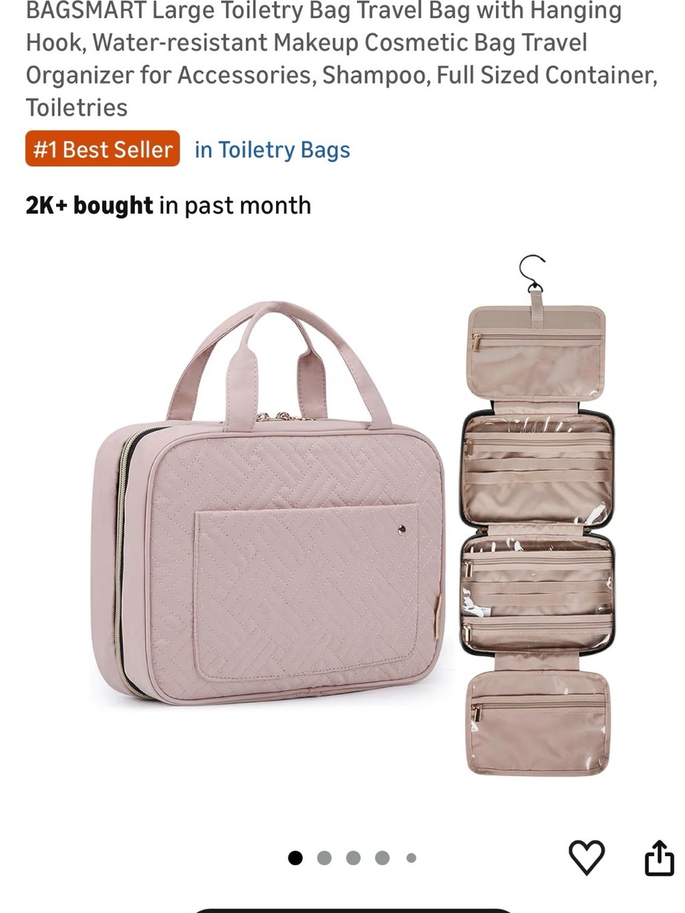 Pink Quilted Travel Toiletry Bag with Hanging Hook
